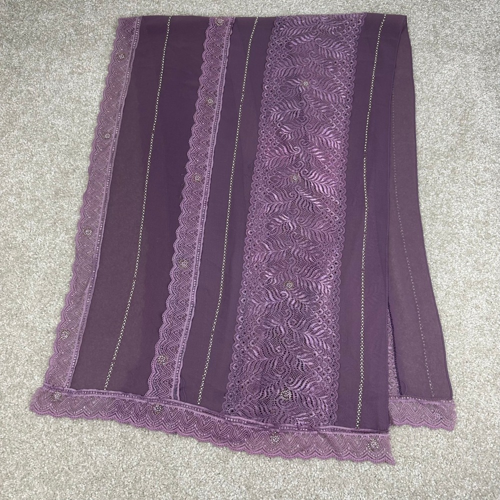 Purple Chiffon Lace Hijab Scarf Rhinestone Scalloped Trim Modest Formal Wrap